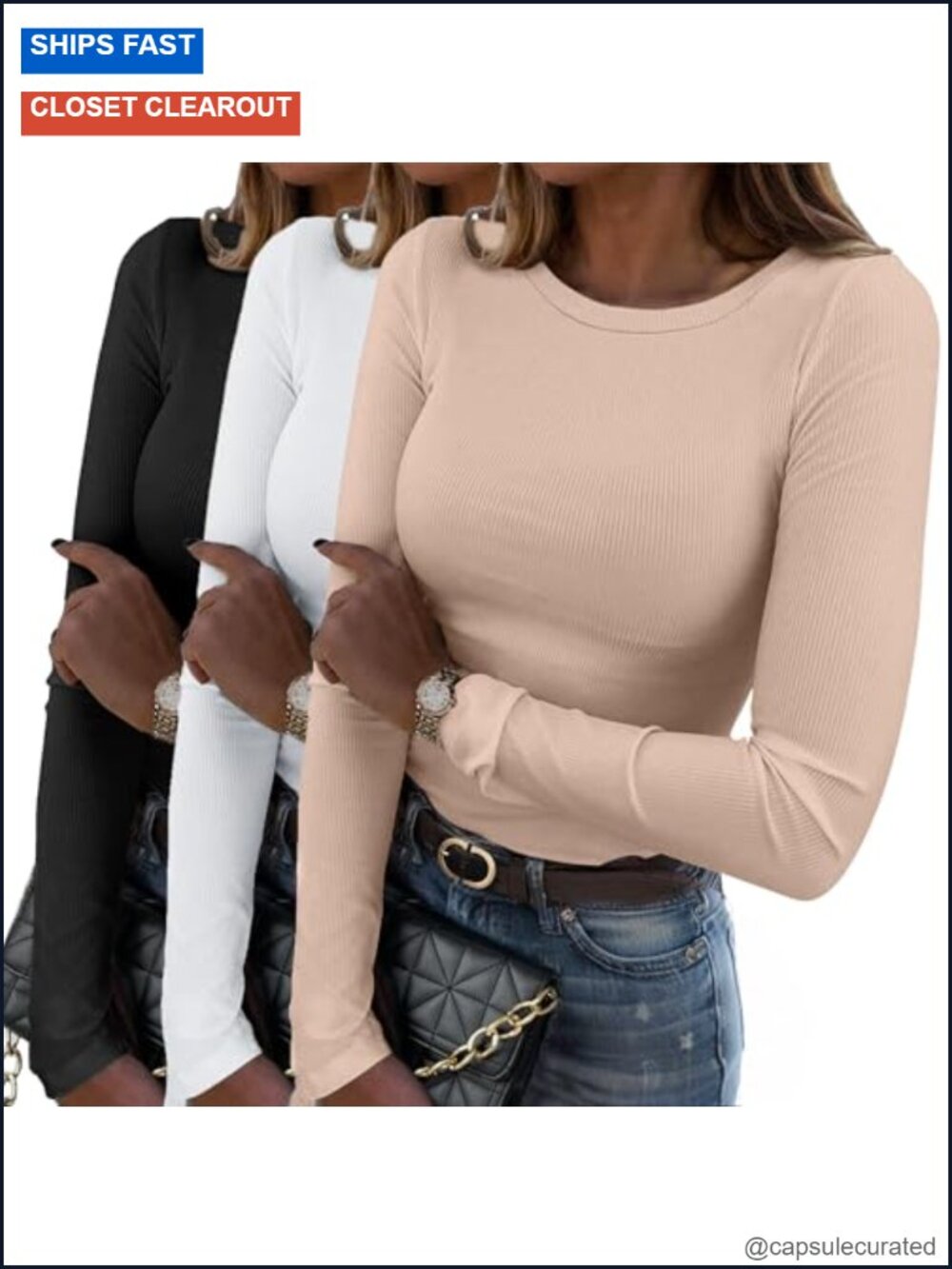 Long Sleeve Ribbed Knit Top Stretchy Slim Fit Crewneck Basic Tee